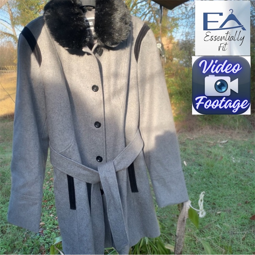 Apt. 9 Gray Wool Blend Trench Coat Faux Fur Collar